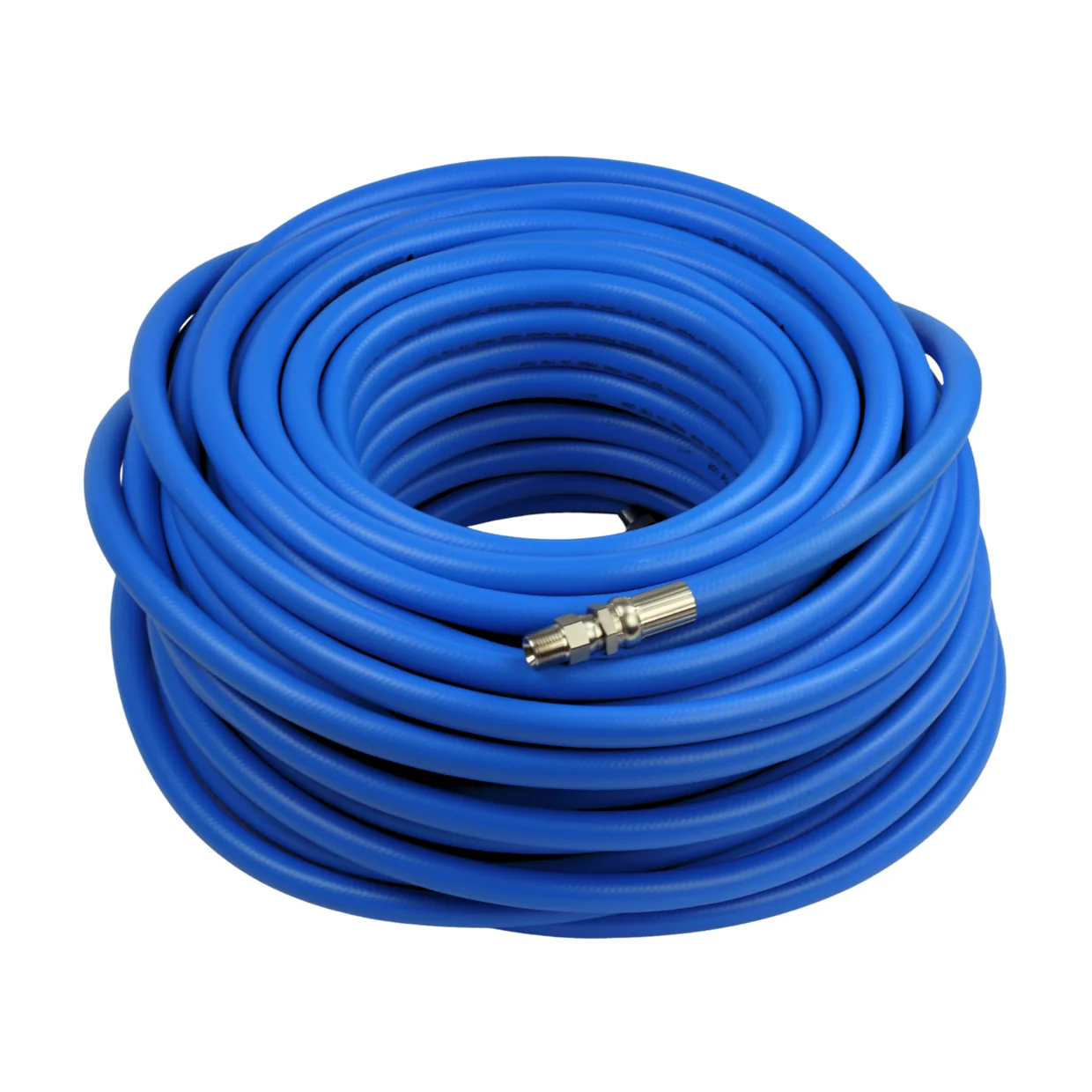 100-foot blue high-pressure hose coiled with quick-connect fitting